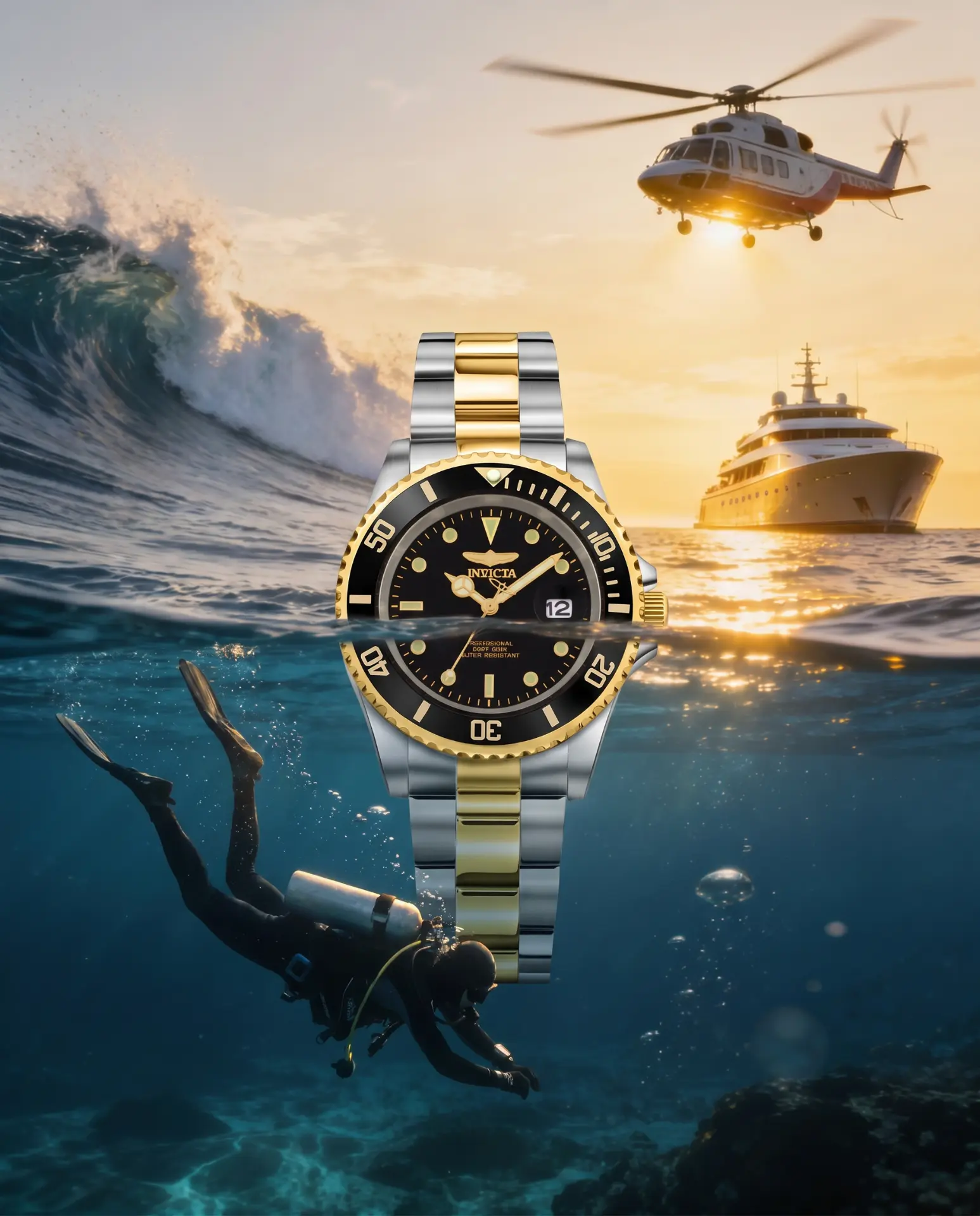 Invicta diver watch over ocean scene