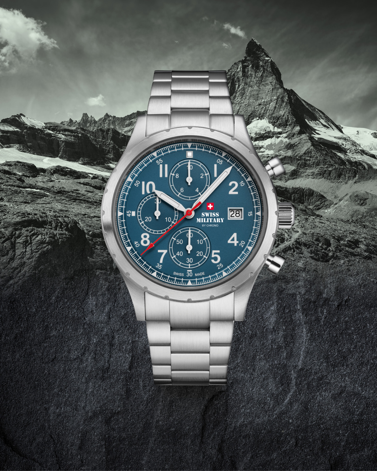 Swiss Military chronograph against alpine peaks